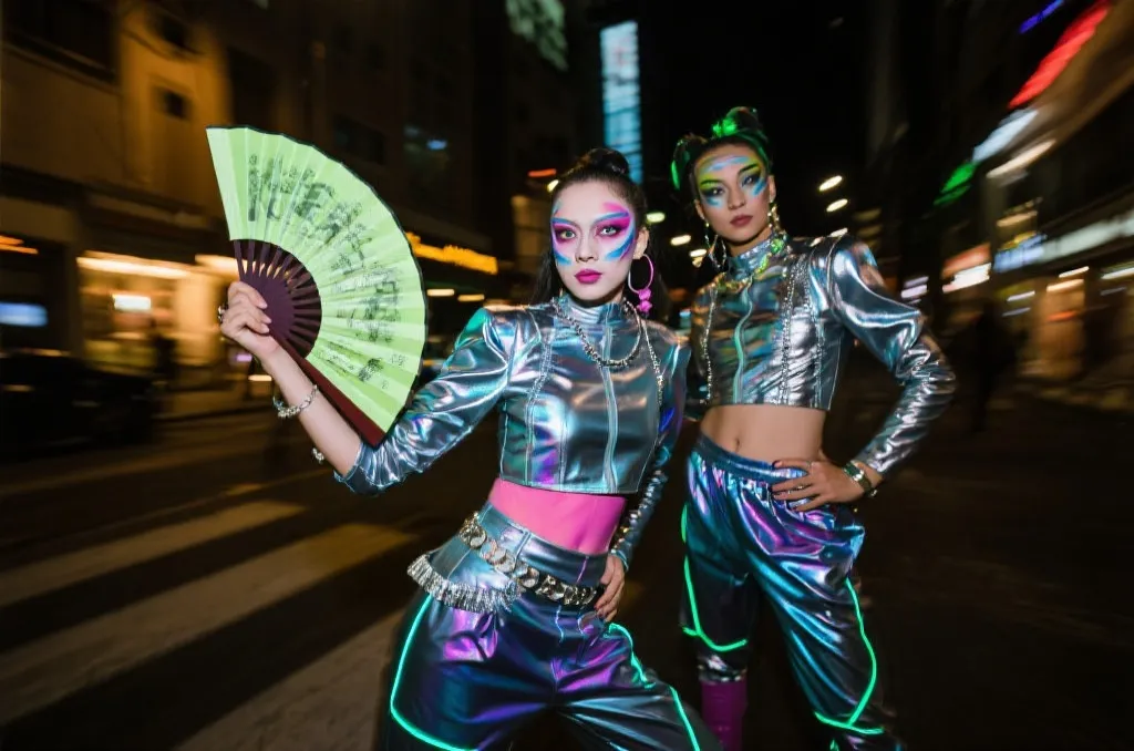 球迷彩绘与穿搭联动：同色系服装、金属配饰与荧光描边妆面在夜景中呼应